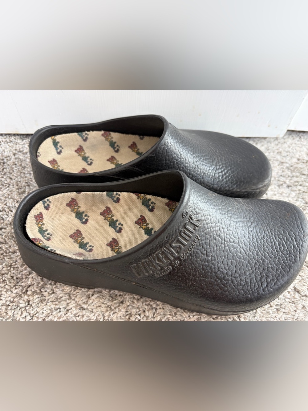 Birkenstock Black Slip-On Clogs with Patterned Insole